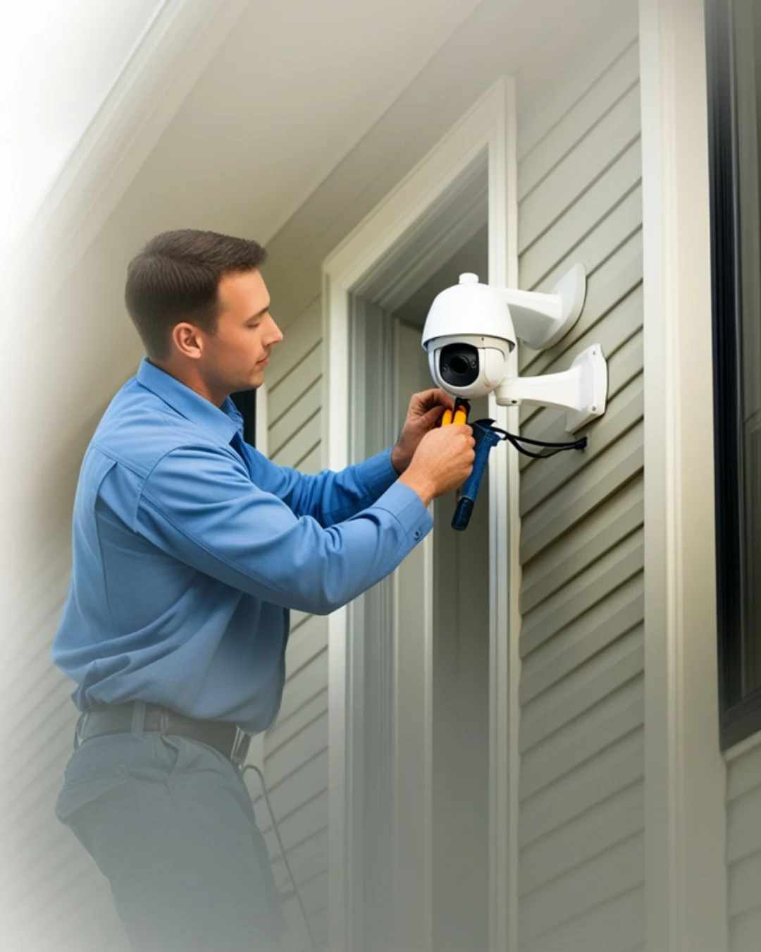 Técnico instalando y conectando una cámara de seguridad domo en la pared de una casa